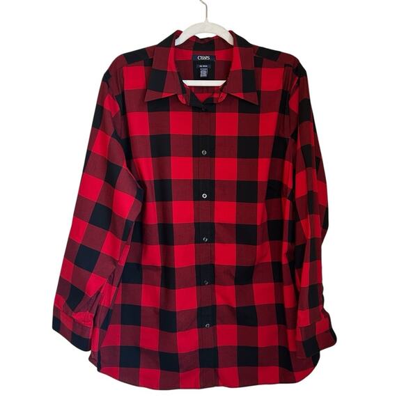 Chaps Womens Size 2X No Iron Red‎ Black Buffalo Plaid Button Up Shirt Cabin - Picture 1 of 5